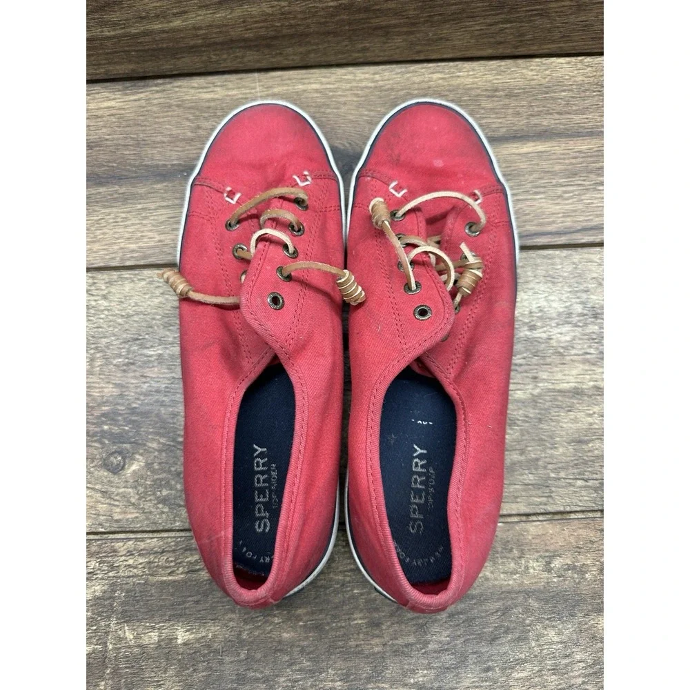 Womens Sperry Top-Sider Classic‎ Red Canvas Leather Laces Boat Shoes Flats Sz 10